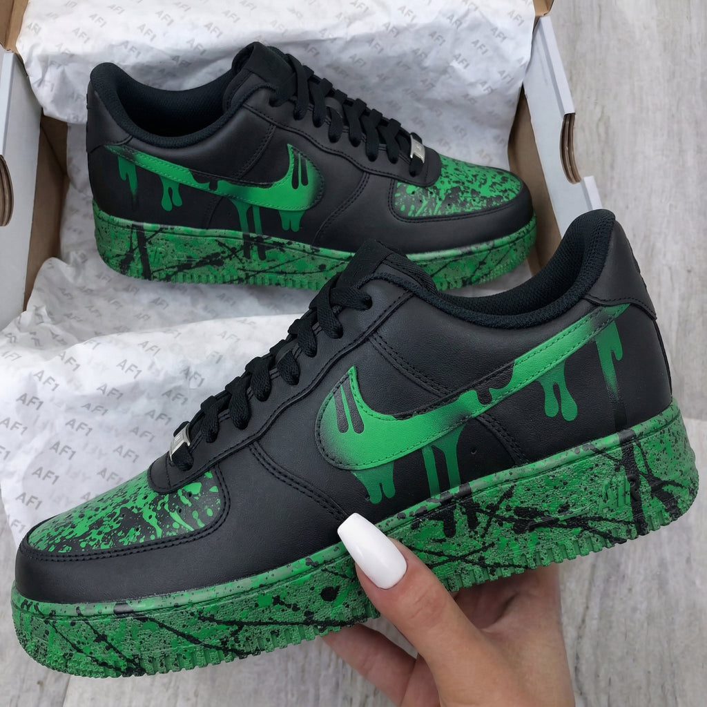 Custom AF 1s Shoes Black Green Drip Splash Design-oicustom