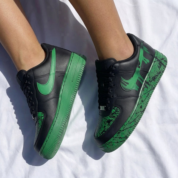 Custom AF 1s Shoes Black Green Drip Splash Design-oicustom