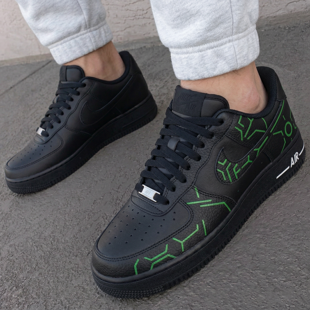 Custom AF 1s Shoes Black Green Geometric Patterns-oicustom