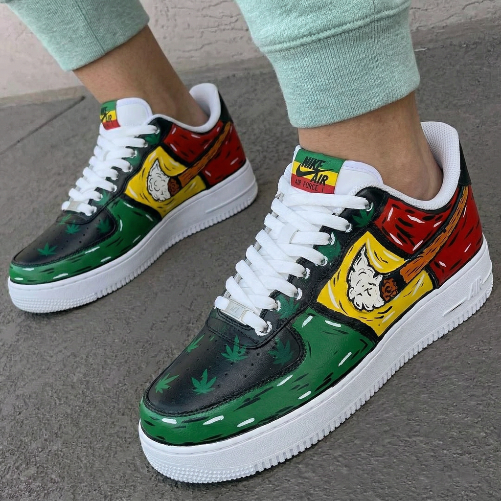 Custom AF 1s Shoes Black Green Red Yellow Cannabis Leaves Pipe-oicustom