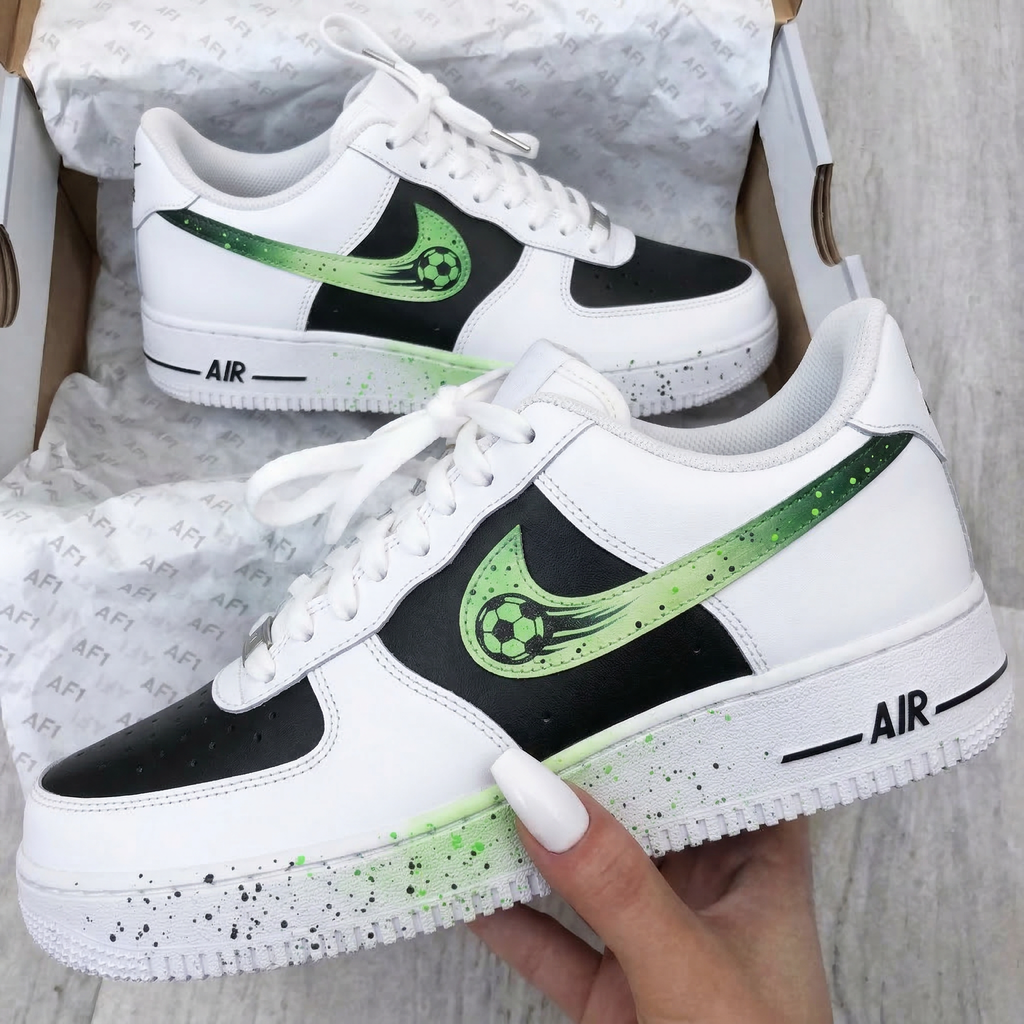 Custom AF 1s Shoes Black Green Soccer Ball Splatter-oicustom