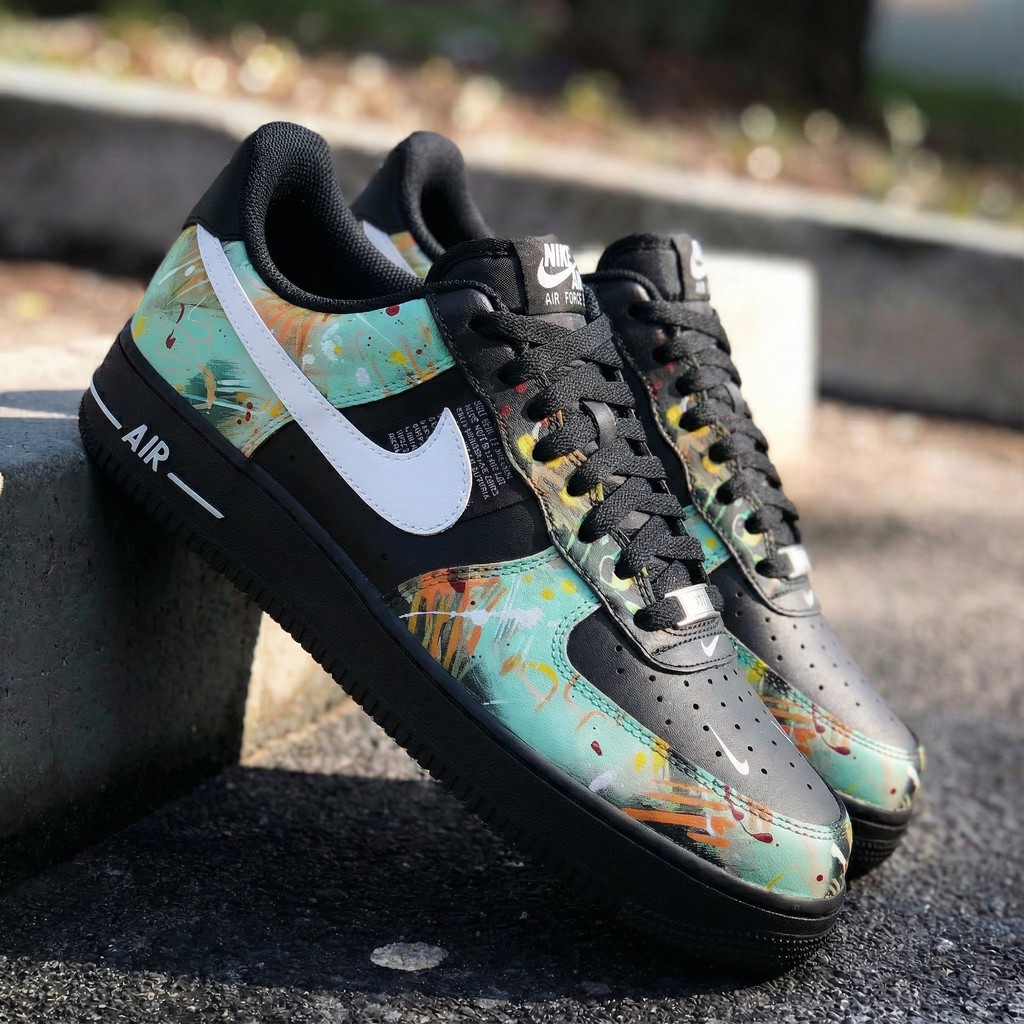 Custom AF 1s Shoes Black Mint Green Abstract Art-oicustom
