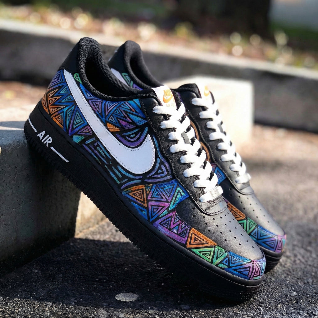 Custom AF 1s Shoes Black Multicolor Geometric Patterns-oicustom