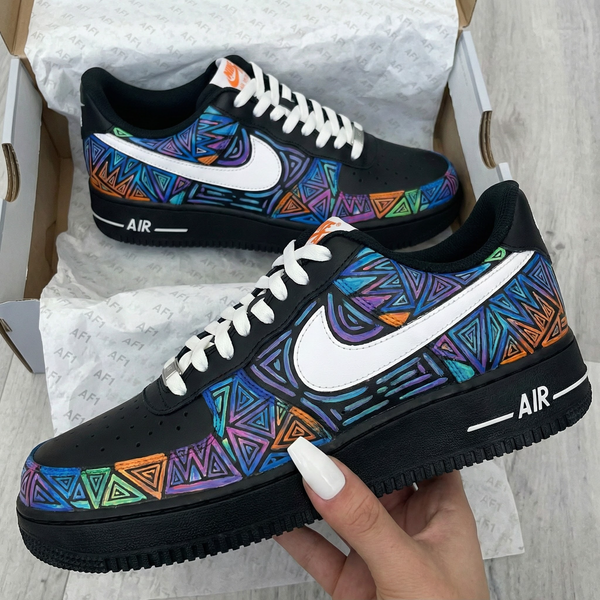 Custom AF 1s Shoes Black Multicolor Geometric Patterns-oicustom