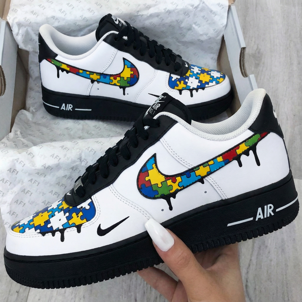 Custom AF 1s Shoes Black Multicolor Puzzle Pattern-oicustom