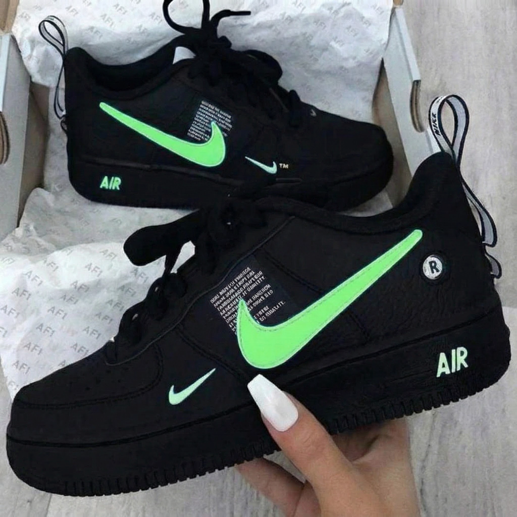 Custom AF 1s Shoes Black Neon Green Swoosh Design-oicustom