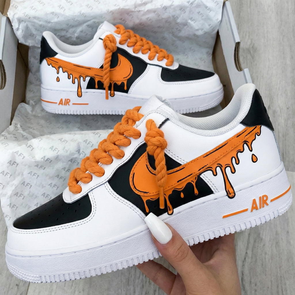 Custom AF 1s Shoes Black Orange Drip Pattern Thick Orange Laces-oicustom