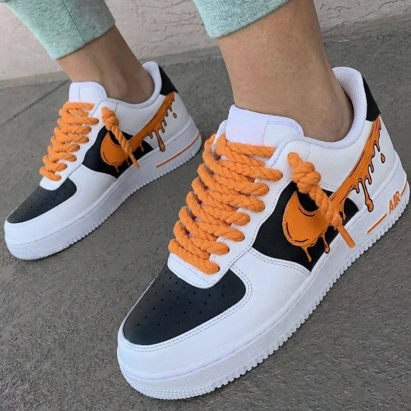 Custom AF 1s Shoes Black Orange Drip Pattern Thick Orange Laces-oicustom