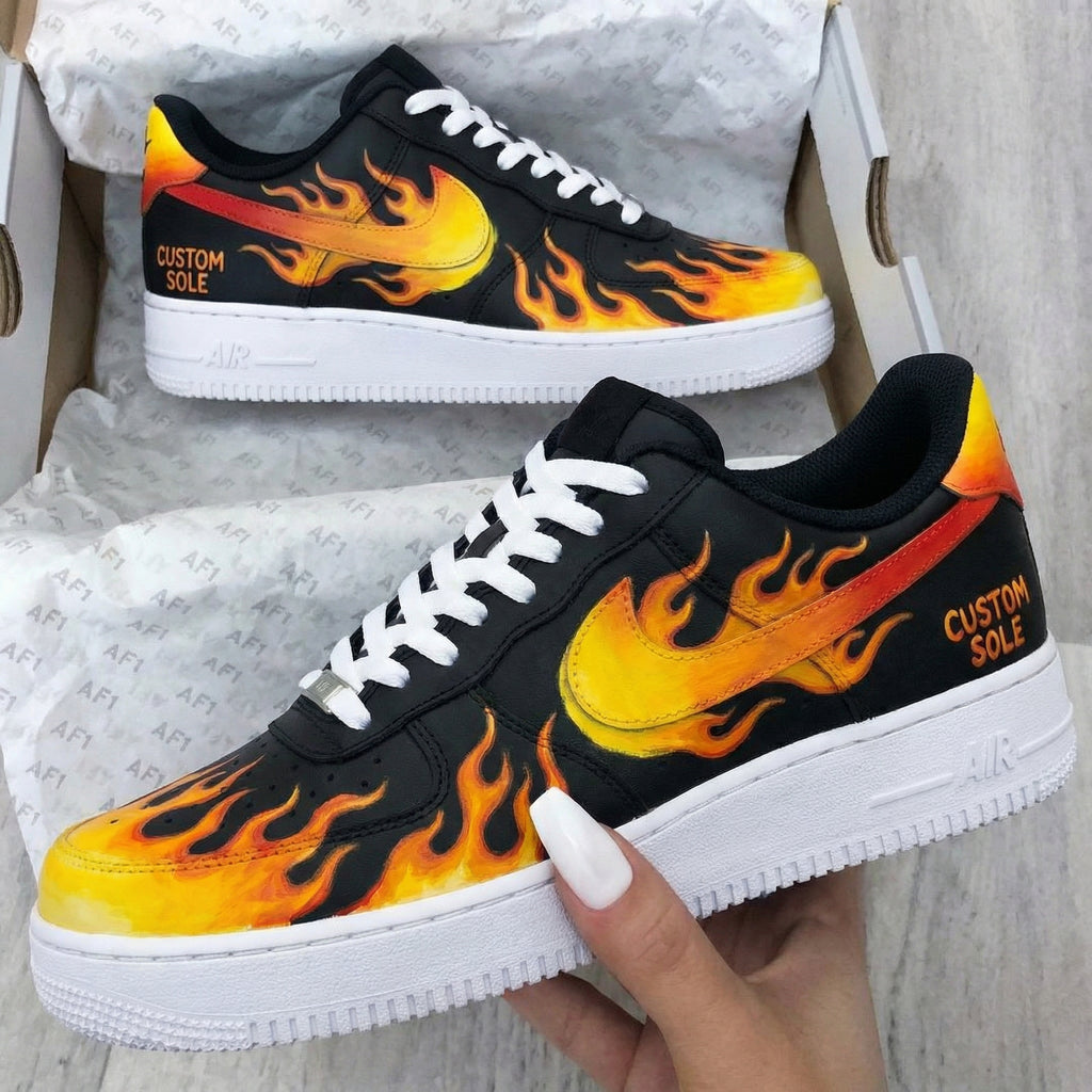 Custom AF 1s Shoes Black Orange Flame Design-oicustom