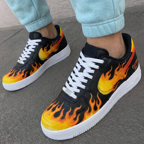 Custom AF 1s Shoes Black Orange Flame Design-oicustom