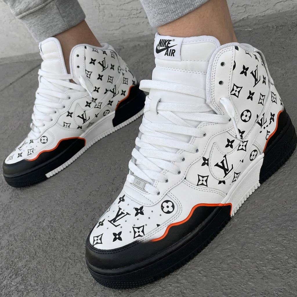 Custom AF 1s Shoes Black Orange LV Logo-oicustom