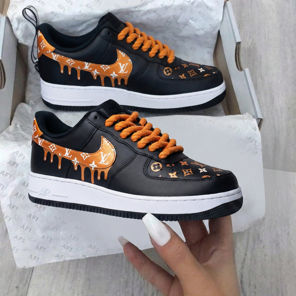 Custom AF 1s Shoes Black Orange LV Pattern Drip Design-oicustom