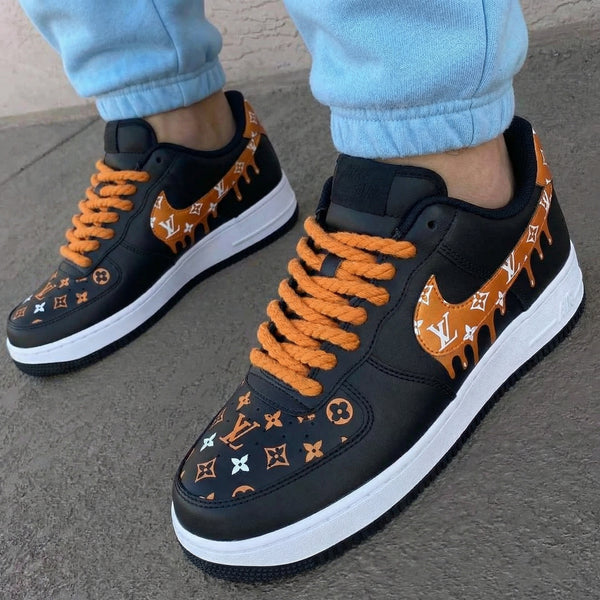 Custom AF 1s Shoes Black Orange LV Pattern Drip Design-oicustom