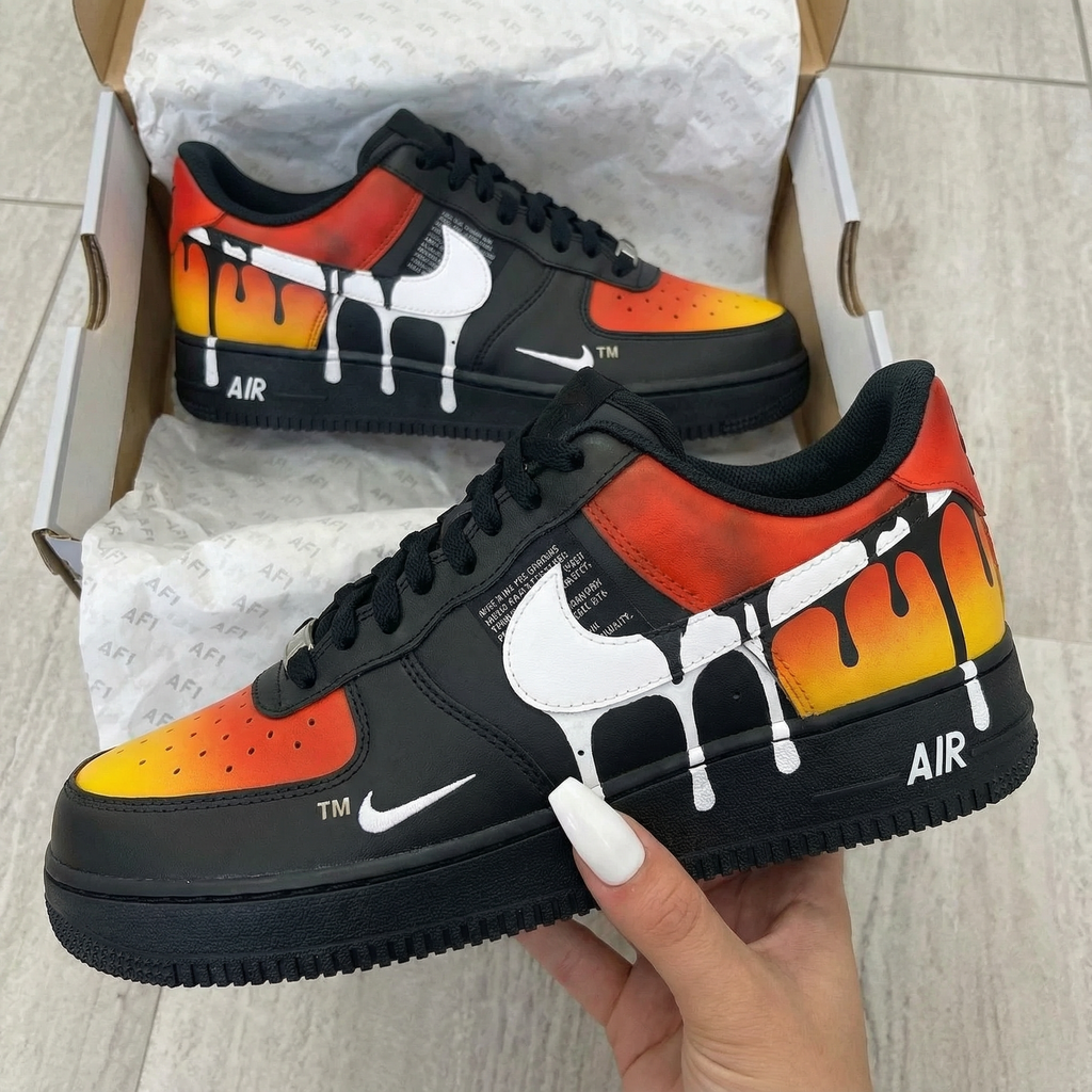 Custom AF 1s Shoes Black Orange Red Drip Design-oicustom