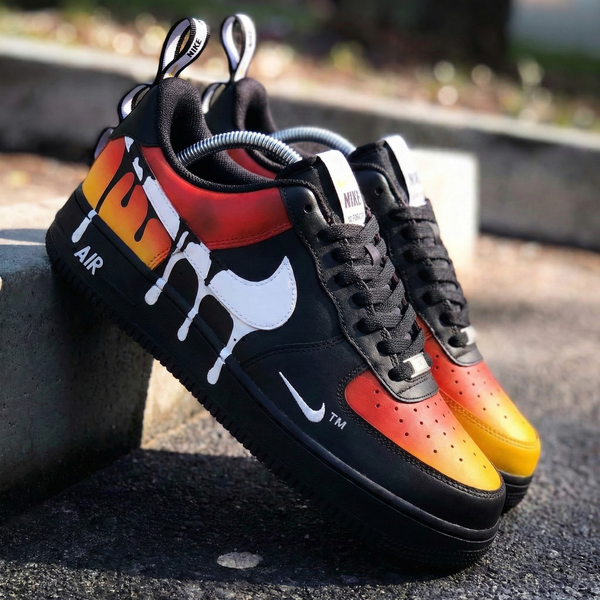 Custom AF 1s Shoes Black Orange Red Drip Design-oicustom