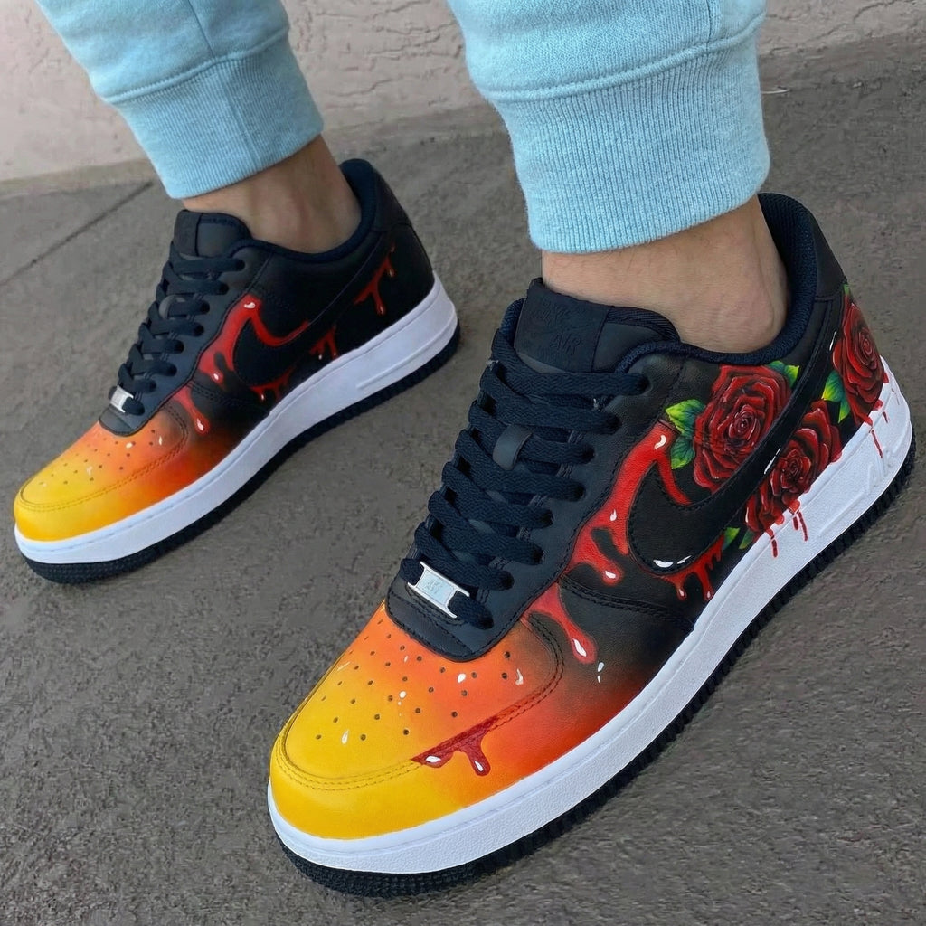 Custom AF 1s Shoes Black Orange with Rose Pattern-oicustom