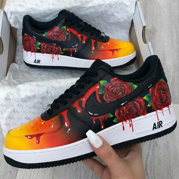 Custom AF 1s Shoes Black Orange with Rose Pattern-oicustom