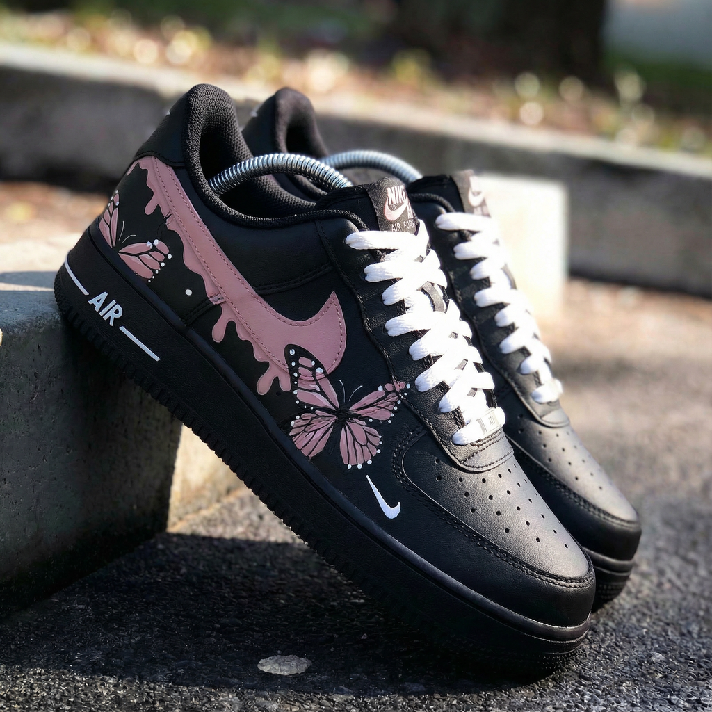 Custom AF 1s Shoes Black Pink Butterflies-oicustom