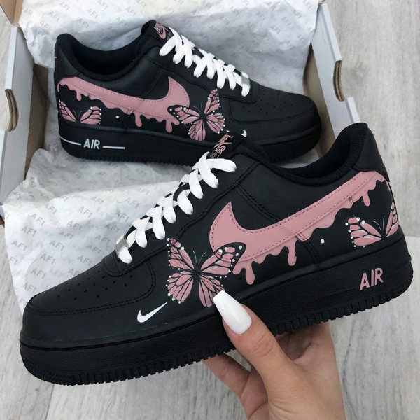 Custom AF 1s Shoes Black Pink Butterflies-oicustom