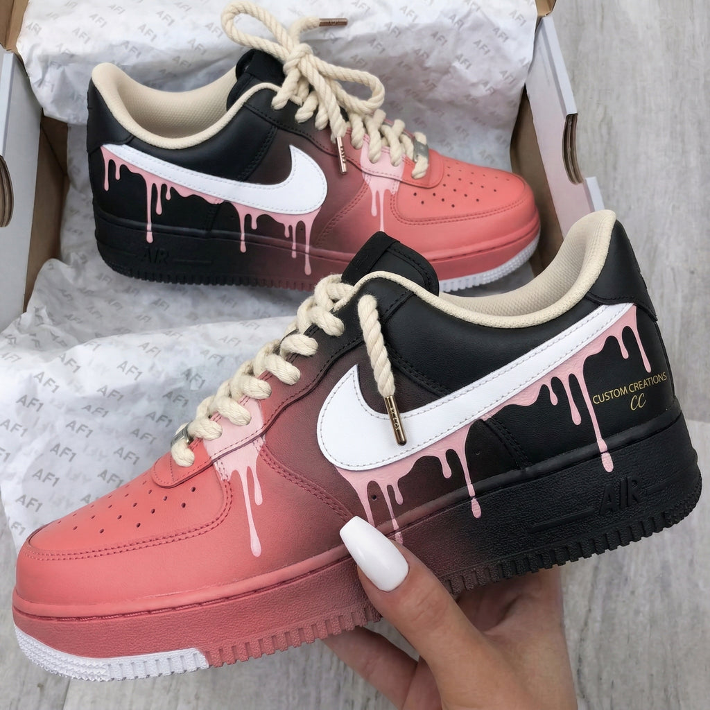 Custom AF 1s Shoes Black Pink Drip Design-oicustom