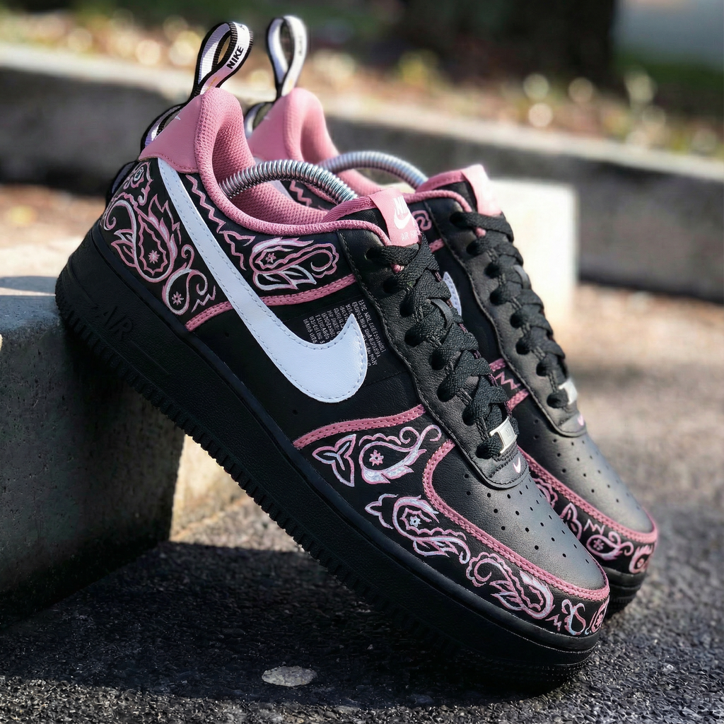 Custom AF 1s Shoes Black Pink Paisley Pattern-oicustom