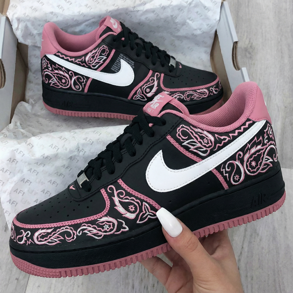 Custom AF 1s Shoes Black Pink Paisley Pattern-oicustom