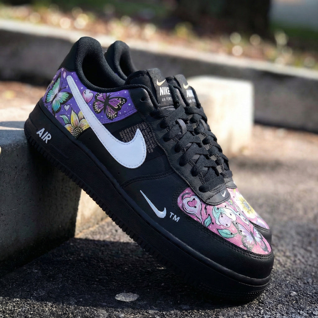 Custom AF 1s Shoes Black Pink Purple Butterflies Design-oicustom