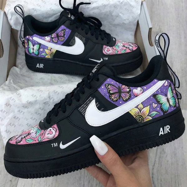 Custom AF 1s Shoes Black Pink Purple Butterflies Design-oicustom
