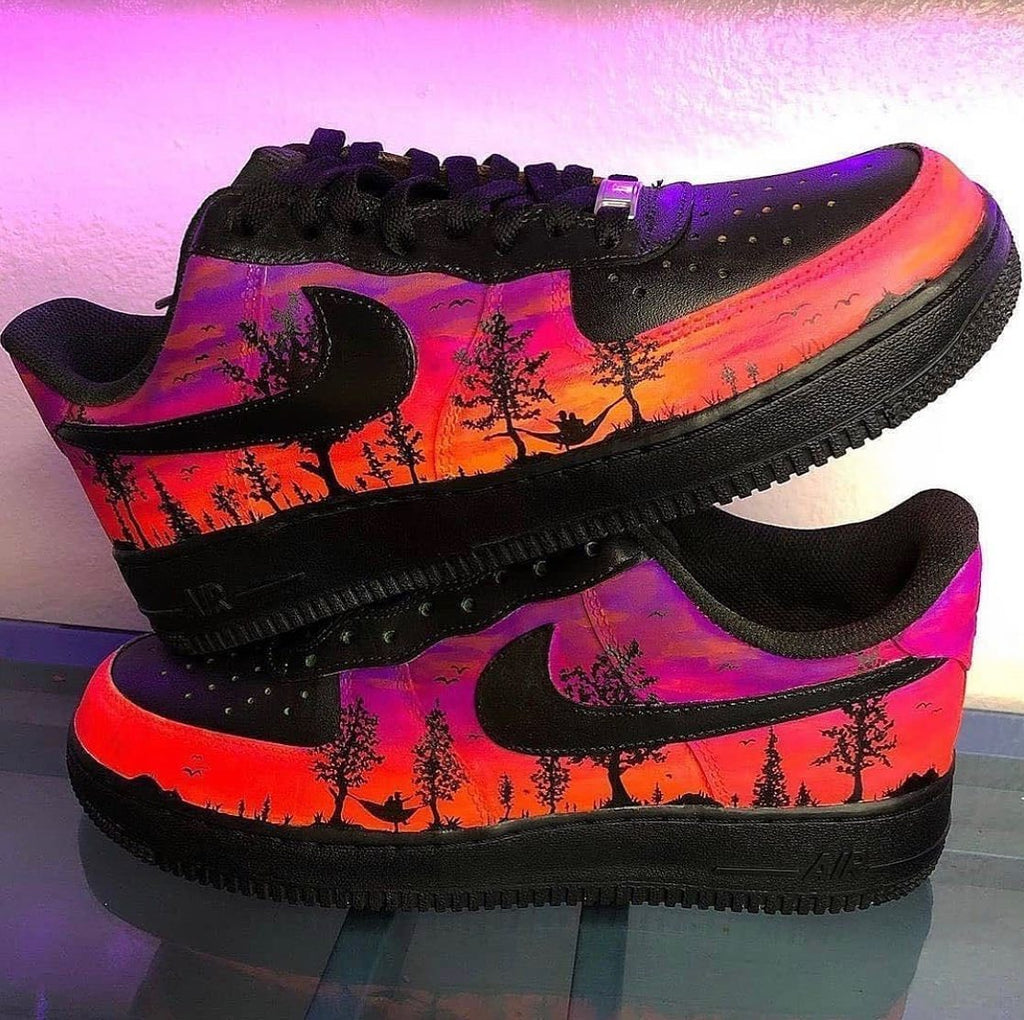 Custom AF 1s Shoes Black Pink Sunset Forest Design-oicustom