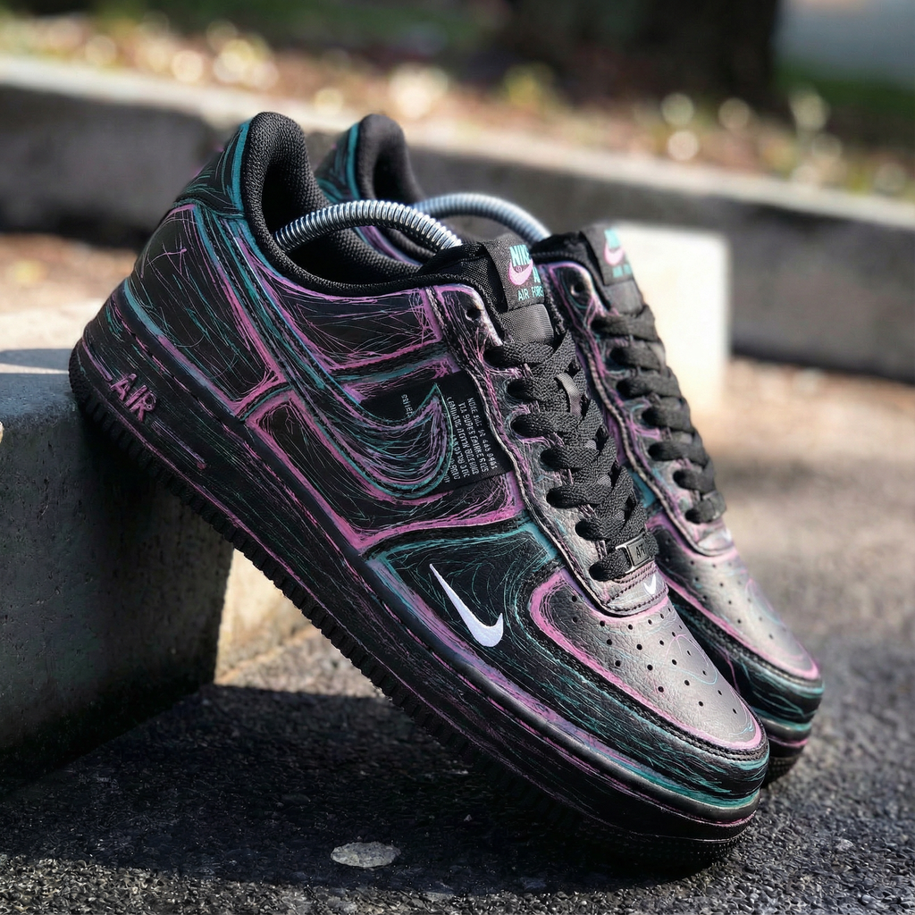 Custom AF 1s Shoes Black Pink Teal Abstract Pattern-oicustom