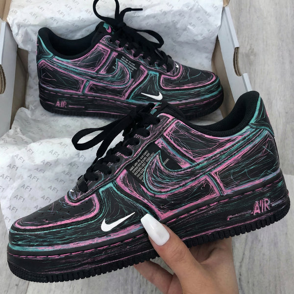 Custom AF 1s Shoes Black Pink Teal Abstract Pattern-oicustom