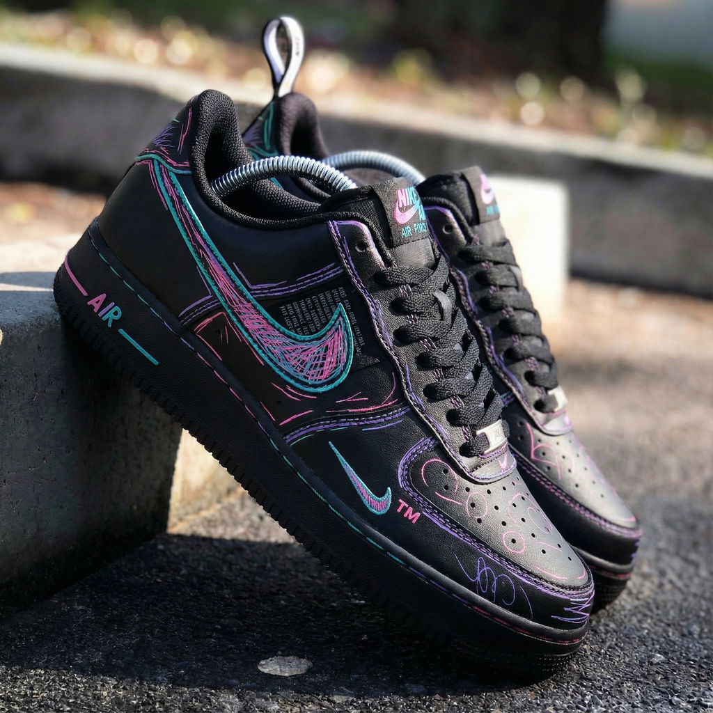 Custom AF 1s Shoes Black Pink Teal Graffiti-oicustom