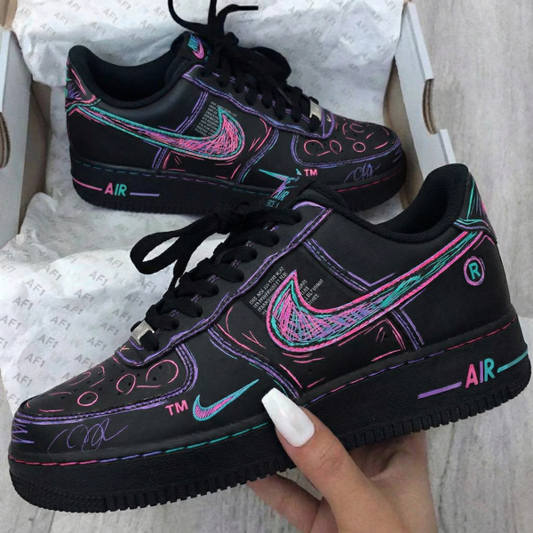 Custom AF 1s Shoes Black Pink Teal Graffiti-oicustom