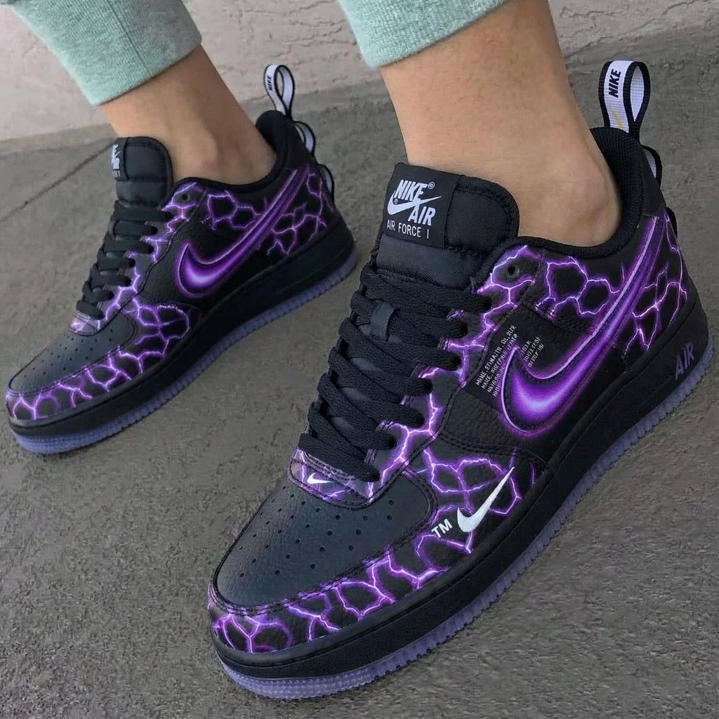 Custom AF 1s Shoes Black Purple Lightning Pattern-oicustom
