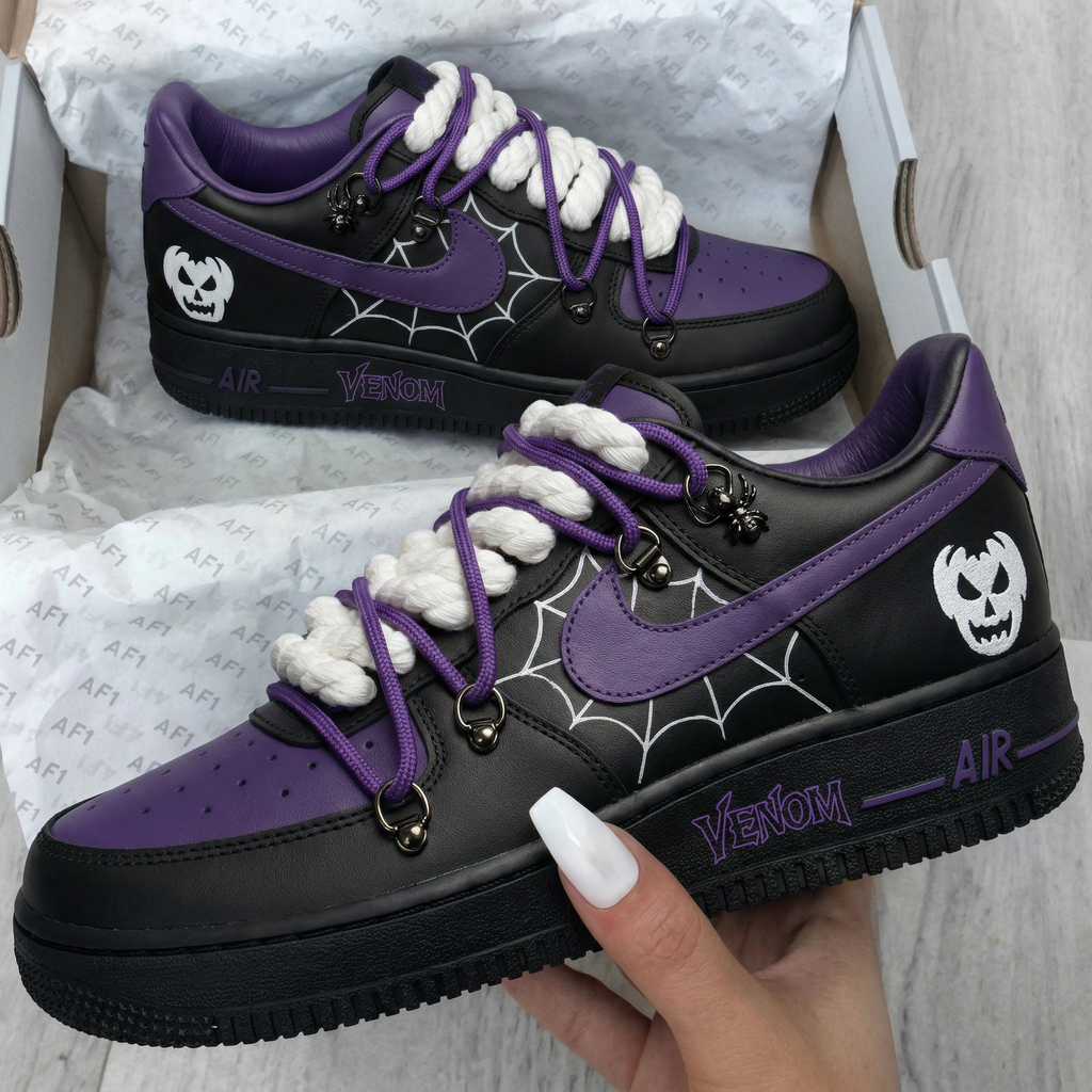 Custom AF 1s Shoes Black Purple Venom Spider Web Skull-oicustom