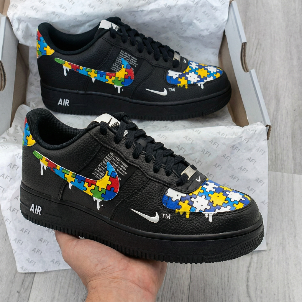 Custom AF 1s Shoes Black Puzzle Pattern-oicustom