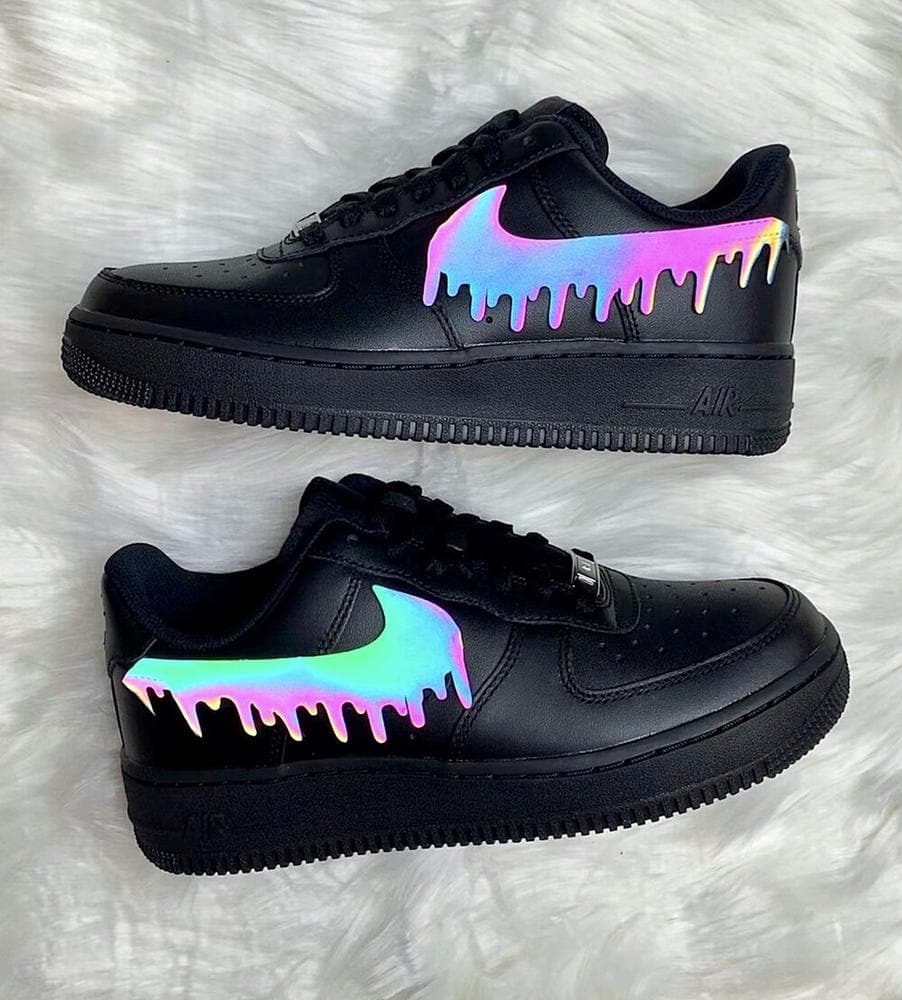 Custom AF 1s Shoes Black Rainbow Drip Design-oicustom