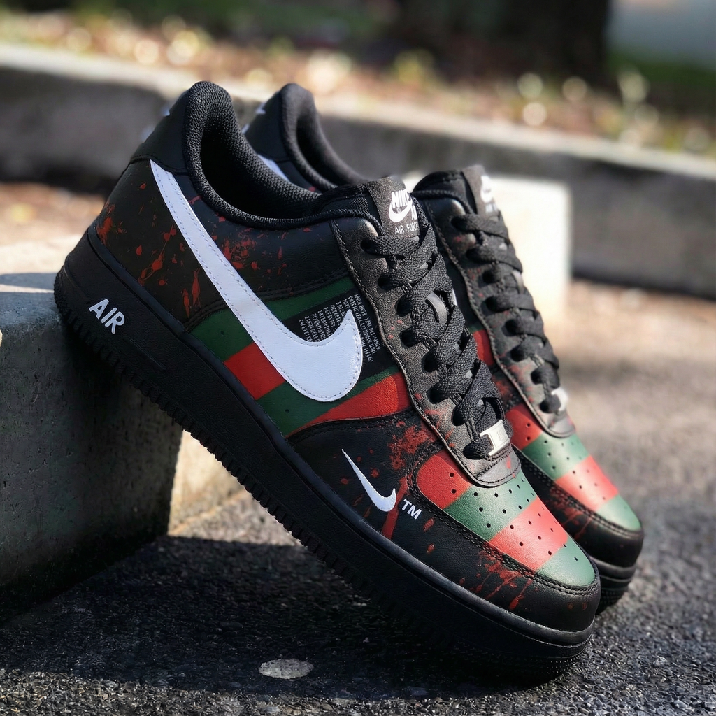 Custom AF 1s Shoes Black Red Green Stripes and Splatter Design-oicustom