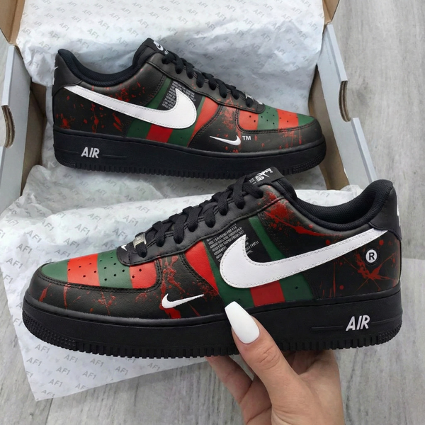 Custom AF 1s Shoes Black Red Green Stripes and Splatter Design-oicustom