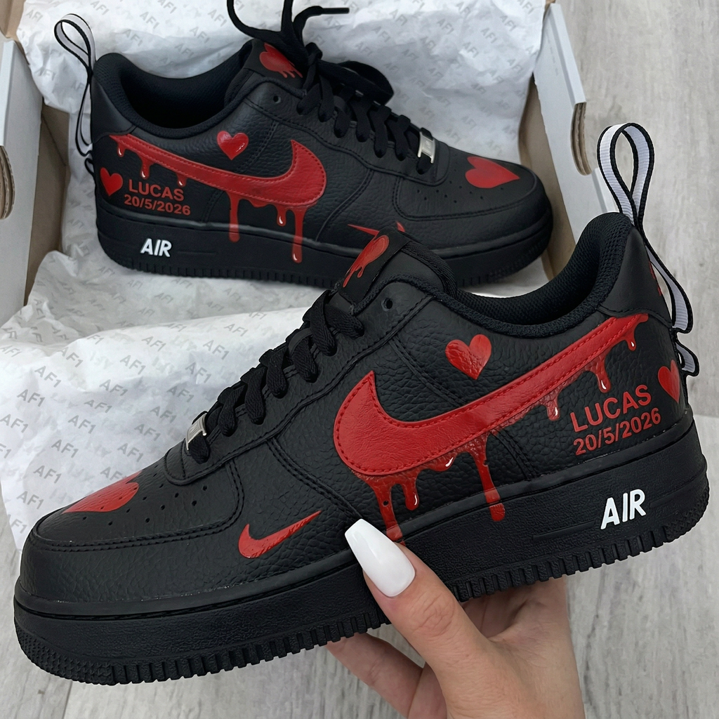 Custom AF 1s Shoes Black Red Hearts Drip Lucas-oicustom