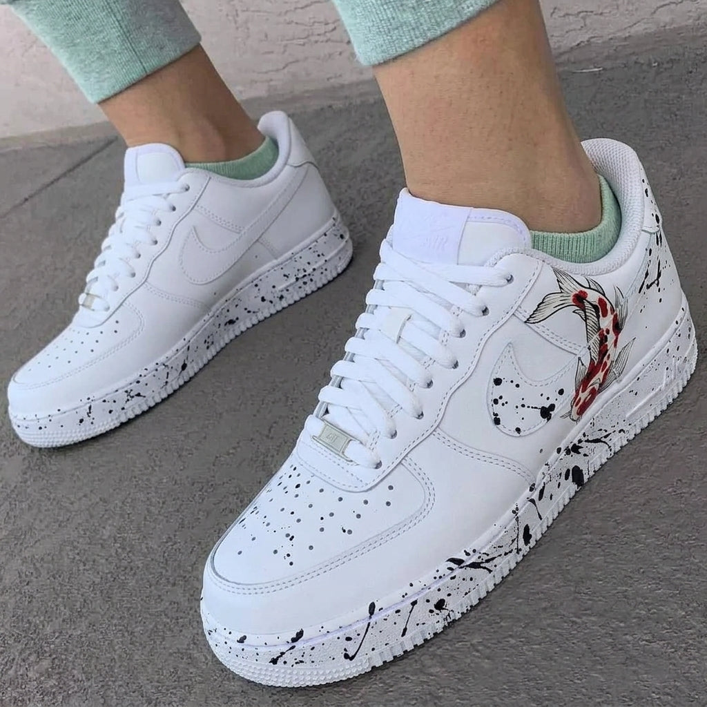 Custom AF 1s Shoes Black Red Koi Fish Ink Splatter-oicustom