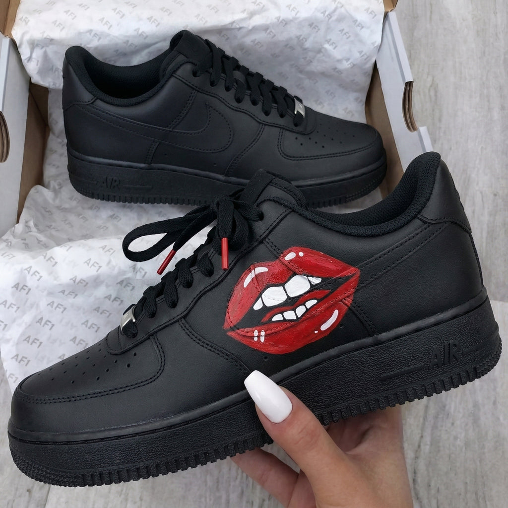 Custom AF 1s Shoes Black Red Lips Graphic-oicustom