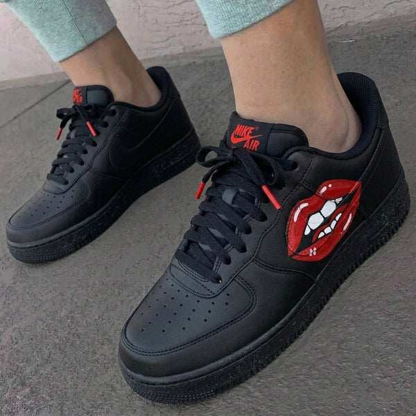Custom AF 1s Shoes Black Red Lips Graphic-oicustom