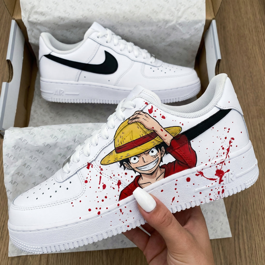 Custom AF 1s Shoes Black Red Luffy Anime Straw Hat Pirate Skull Red Splatter-oicustom