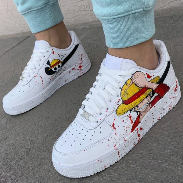 Custom AF 1s Shoes Black Red Luffy Anime Straw Hat Pirate Skull Red Splatter-oicustom