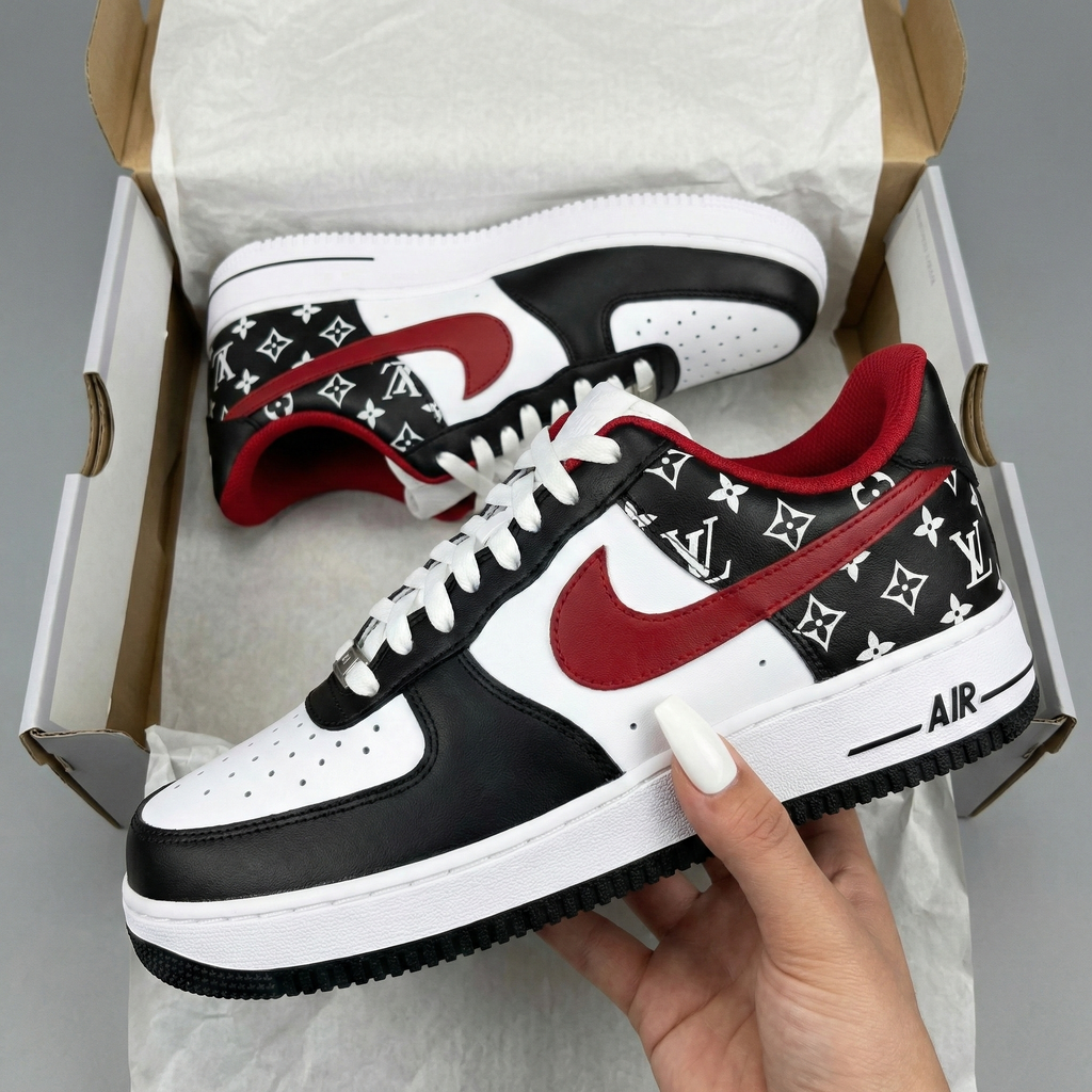 Custom AF 1s Shoes Black Red LV Logo Pattern-oicustom