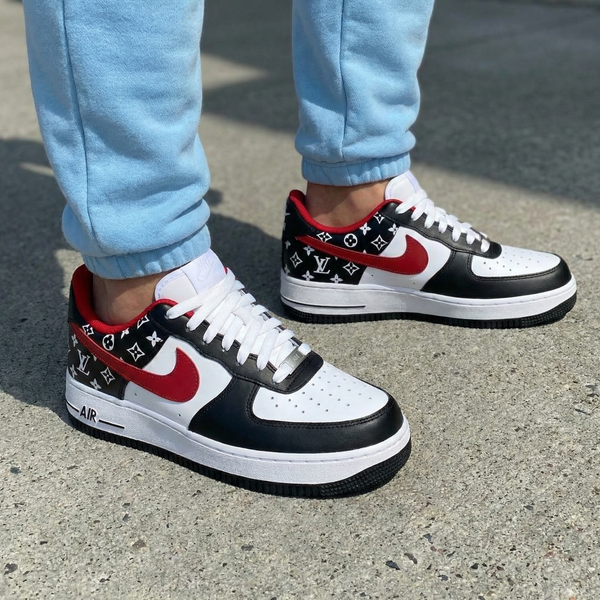 Custom AF 1s Shoes Black Red LV Logo Pattern-oicustom