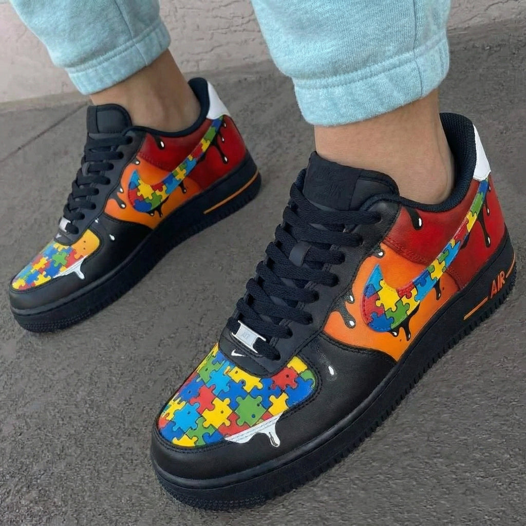 Custom AF 1s Shoes Black Red Puzzle Pattern-oicustom