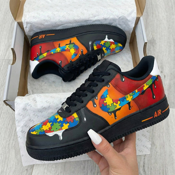 Custom AF 1s Shoes Black Red Puzzle Pattern-oicustom