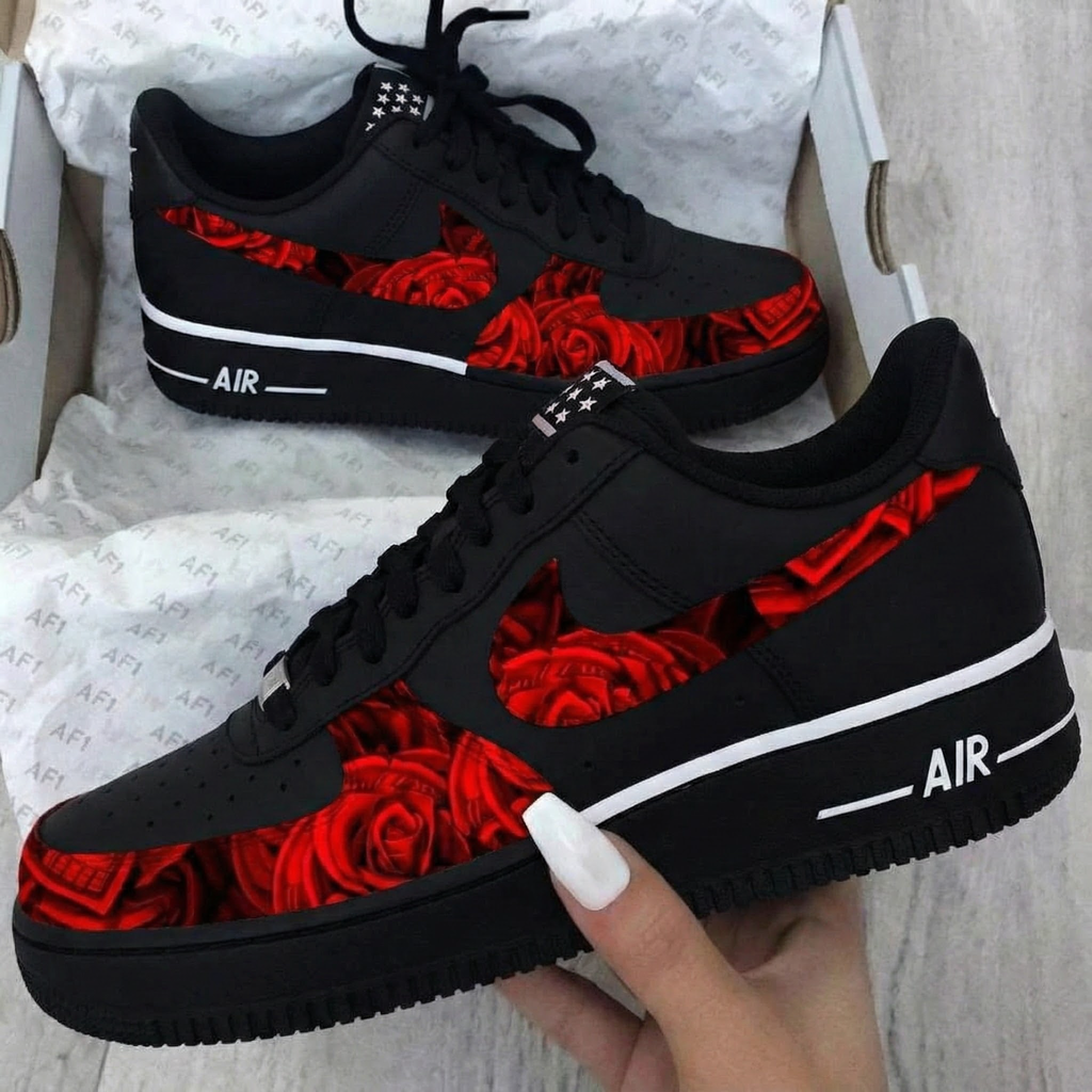 Custom AF 1s Shoes Black Red Roses-oicustom